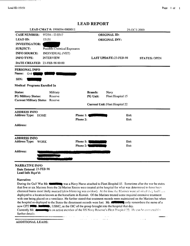 Lead Report #15151, Interview of nurse, Fleet Hospital 15, February 23, 1998