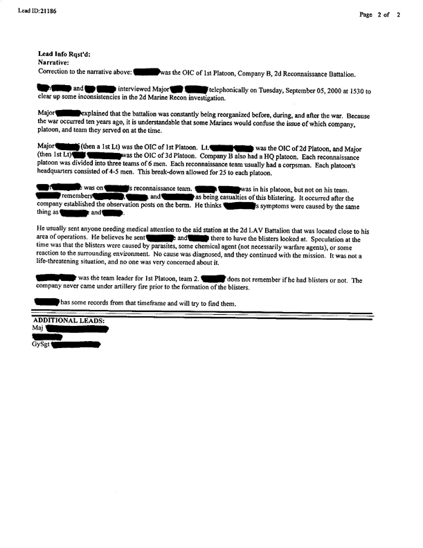 Lead Report #21186, Interview of platoon commander, 1st Platoon, Company B, 2d Reconnaissance Battalion, May 20, 1998