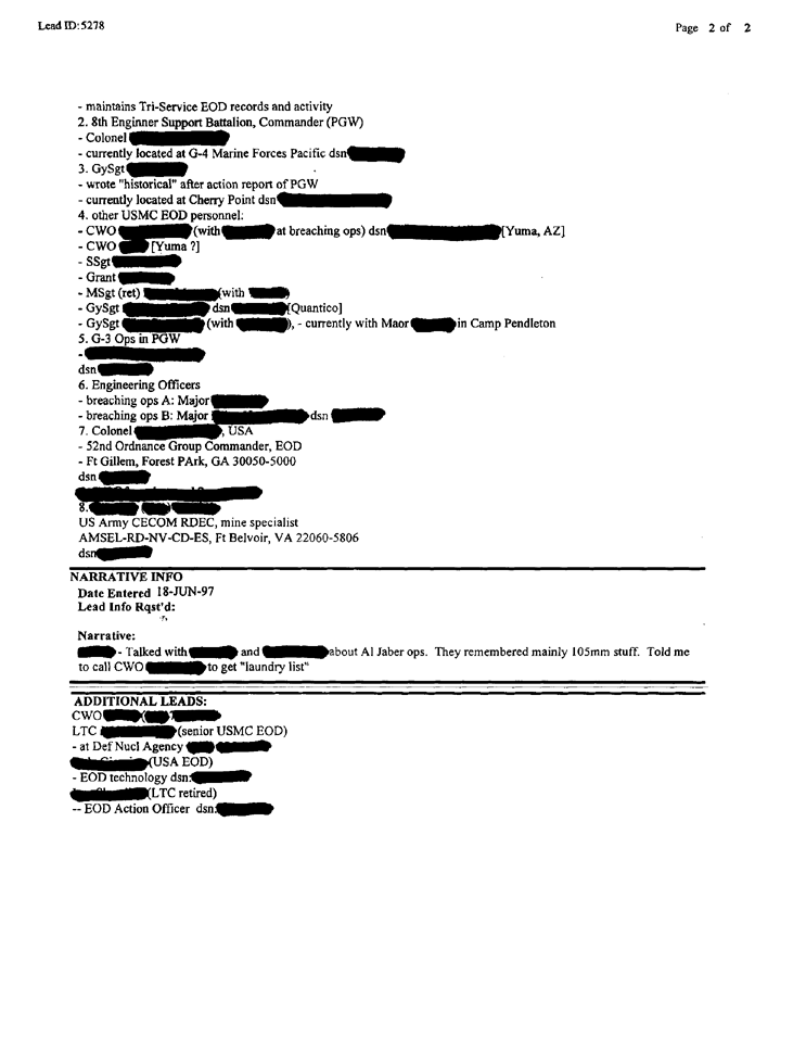 Lead Sheet 5278, Interview with Major from 2 FSSG EOD, 16 May 1996 and 18 June 1997