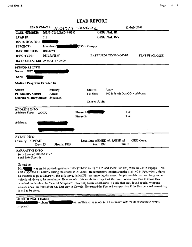 Lead Sheet 5181, Interview of 245th PSYOPS Detachment commander, May 30, 1997