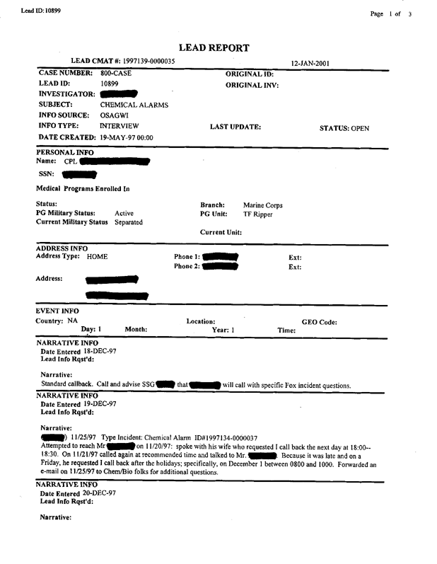 Lead Sheet 10899, Interview of MM-1 operator, December 12, 1997