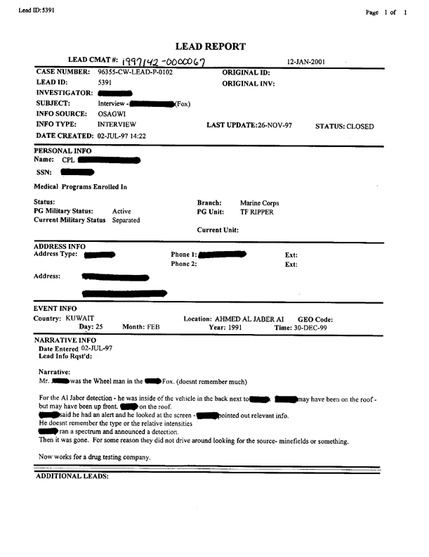 Lead Sheet 5391, Interview with Fox 5604 Wheel man, 2 July 1997.