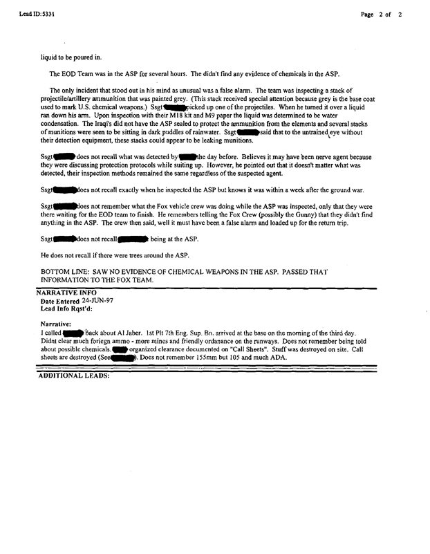 Lead Sheet 5331, Interview with member of 1st Platoon EOD, 24 June 1997