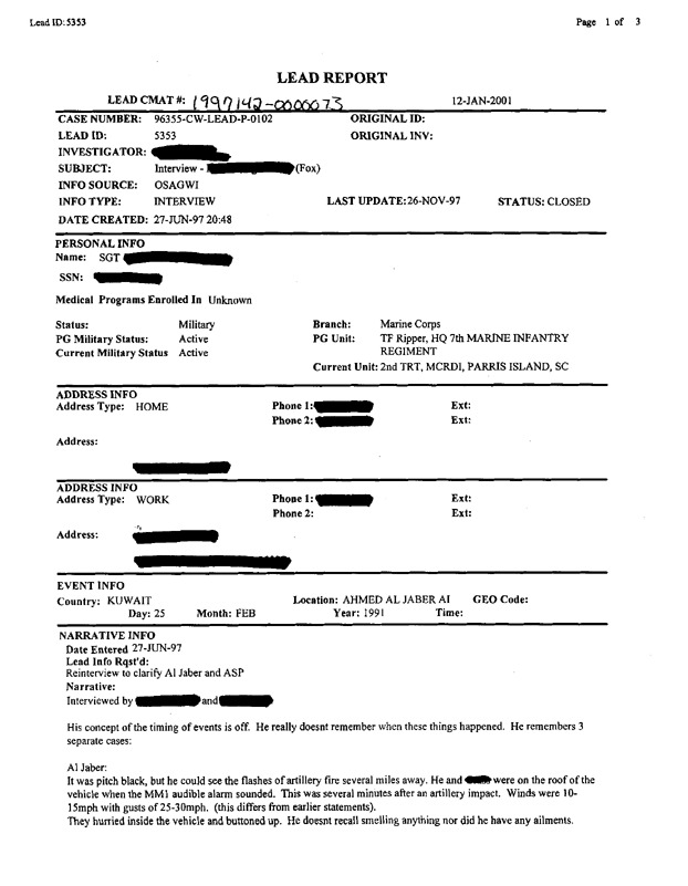 Lead Sheet 5353, Interview with Fox 5604 driver, June 27, 1991.