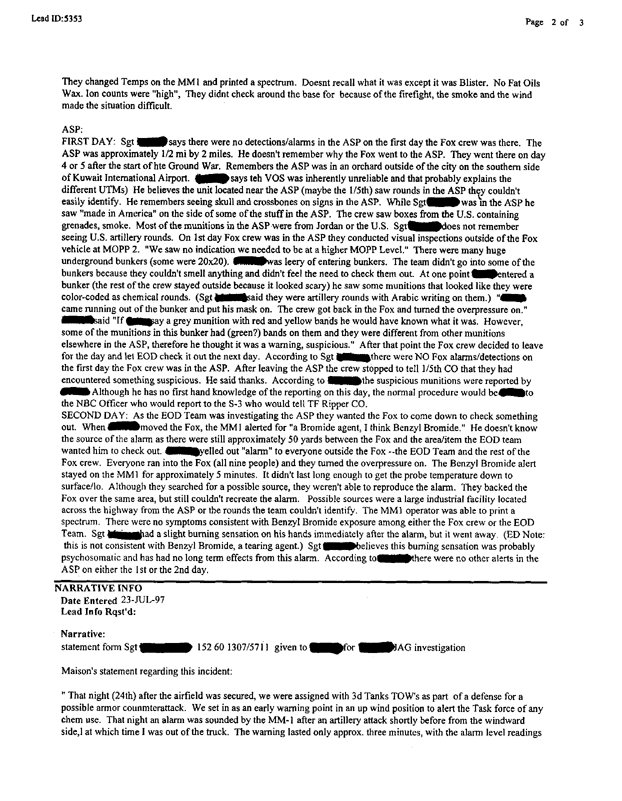 Lead Sheet 5353, Interview with Fox 5604 driver, June 27, 1991.