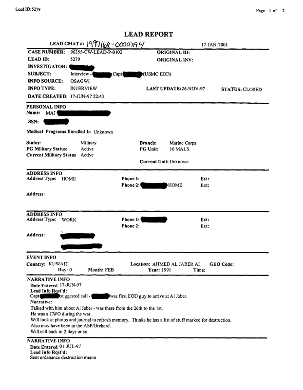Lead Sheet 5279, Interview with MALS 16 Officer in Charge, June 19, 1997