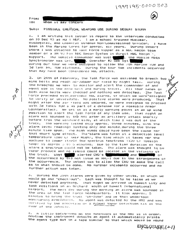 Memorandum from Fox Driver, Subject: Possible chemical weapons use in Desert Storm, December 10, 1993.