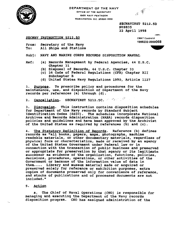 Secretary of the Navy Instruction 5212.5D
