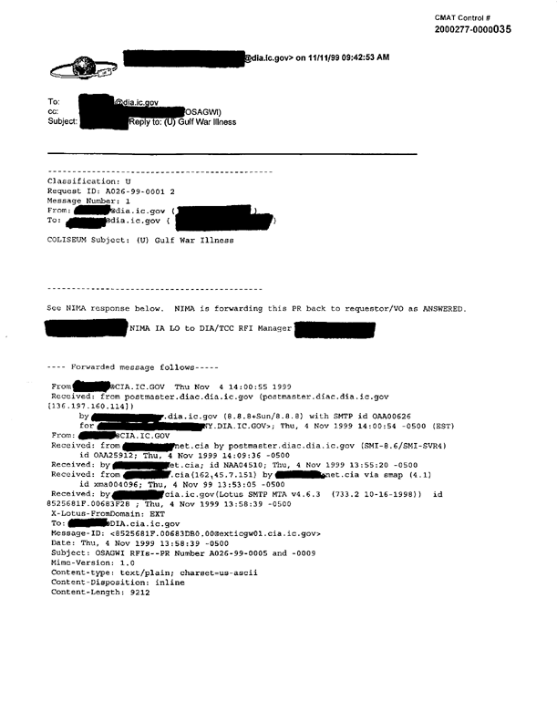 Defense Intelligence Agency, e-mail message, Subject: "Gulf War Illness," November 11, 1999 @ 9:42 AM. 
