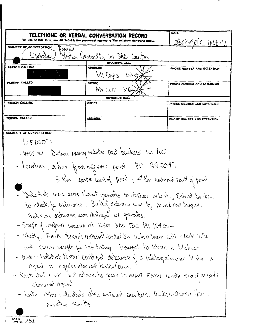 VII Corps Telephone or Verbal Conversation Record, Subject: "(Update) Possible Blister Casualty in 3AD Sector," 5:40 AM, March 3, 1991. 