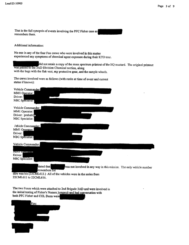 Lead Sheet 10905, Interview of Fox vehicle company commander, 22nd Chemical Company, June 6, 1997