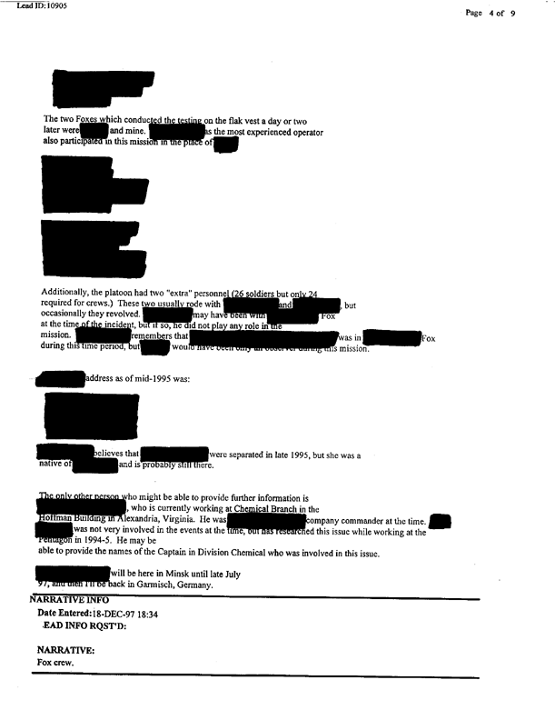 Lead Sheet 10905, Interview of Fox vehicle company commander, 22nd Chemical Company, June 6, 1997. 