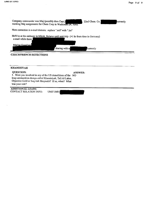 Lead Sheet 10905, Interview of Fox vehicle company commander, 22nd Chemical Company, June 6, 1997. 