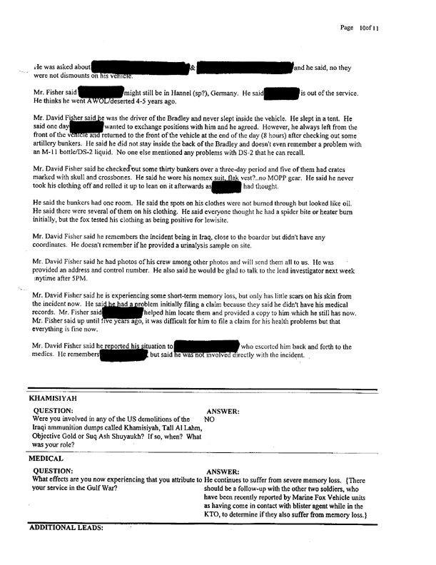 Lead Sheet 11121, Interview of Private David A. Fisher, May 29, 1997.  PFC Fisher was provided with a copy of this narrative prior to publication.  PFC Fisher had no comments regarding the narrative.