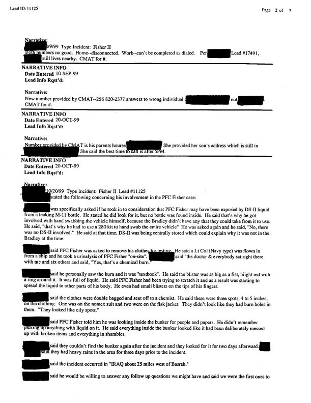 Lead Sheet 11125, Interview of Fox vehicle commander, 22nd Chemical Company, August 13, 1998