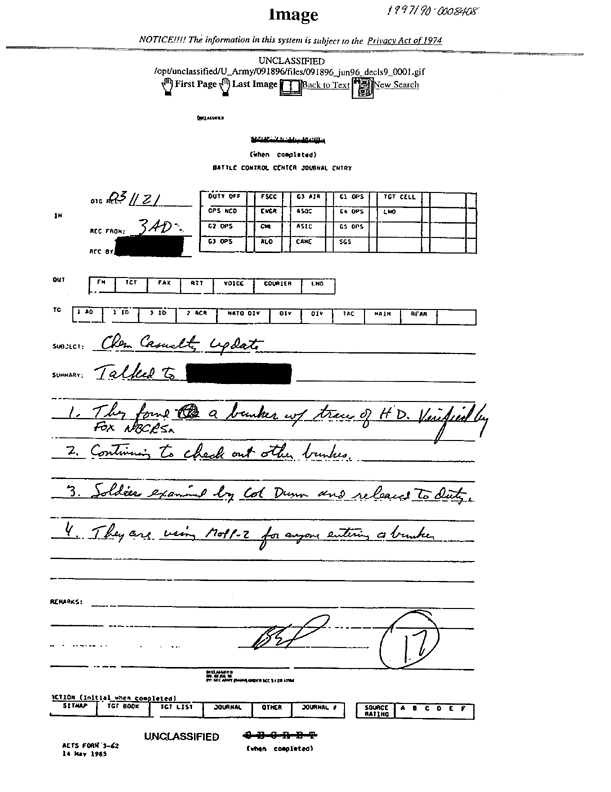 VII Corps Battle Control Center Journal Entry, Subject: "Chem Casualty Update," 11:21 AM, March 3, 1991. 