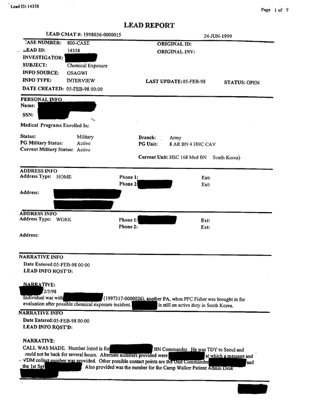 Lead Sheet 14358, Interview of physician's assistant, 4-8th Cavalry, 3rd Armored Division, February 5, 1998