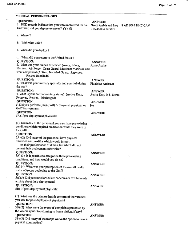 Lead Sheet 14358, Interview of physician's assistant, 4-8th Cavalry, 3rd Armored Division, February 5, 1998