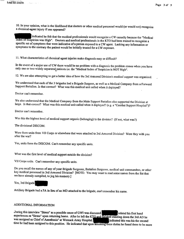 Lead Sheet 21670, Interview of division surgeon, 3rd Armored Division, August 6, 1999
