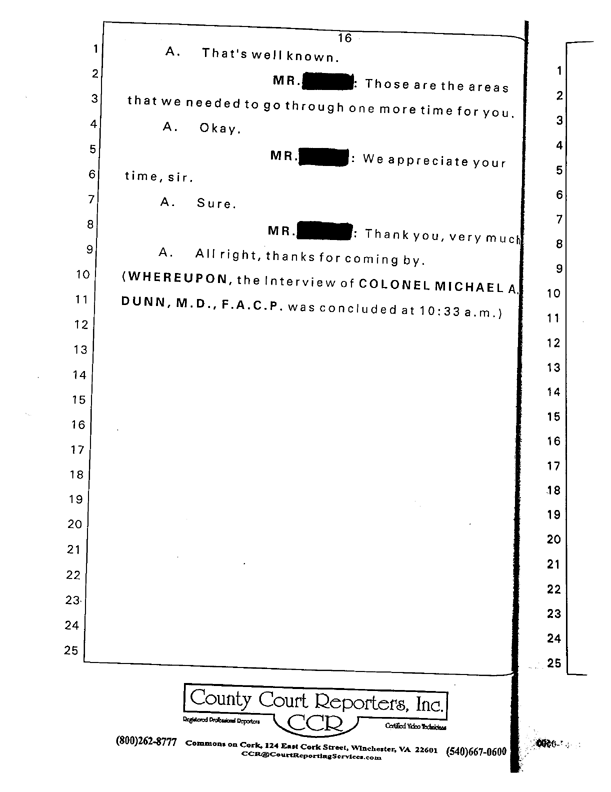 Special Assistant for Gulf War Illnesses, Interview of Colonel Michael A. Dunn, M.D., July 13, 1999