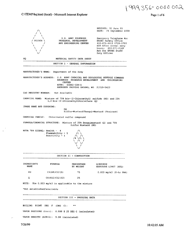 US Army Material Safety Data Sheet on Mustard, HQ, Aberdeen Proving Ground, MD, June 30, 1995. 