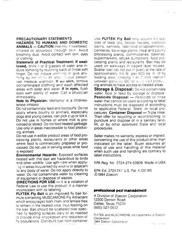   Zoecon Corporation, �Improved Golden Malrin� Fly Bait,� product insert, Dallas, Texas, 1984.