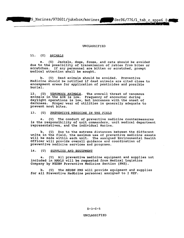   US Marine Corps Central Command, �OPLAN Desert Storm (U),� Tab C to Appendix 3 to Annex D, �Preventive Medicine,� January 1, 1991, p. D-3-C-4 through D-3-C-5.