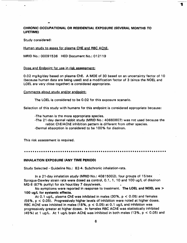 US Environmental Protection Agency, Office of Pesticide Programs, Health Effects Division, Toxicology Endpoint Selection Document for Diazinon, doc. no. 013157), June 4, 1997, p. 6.
