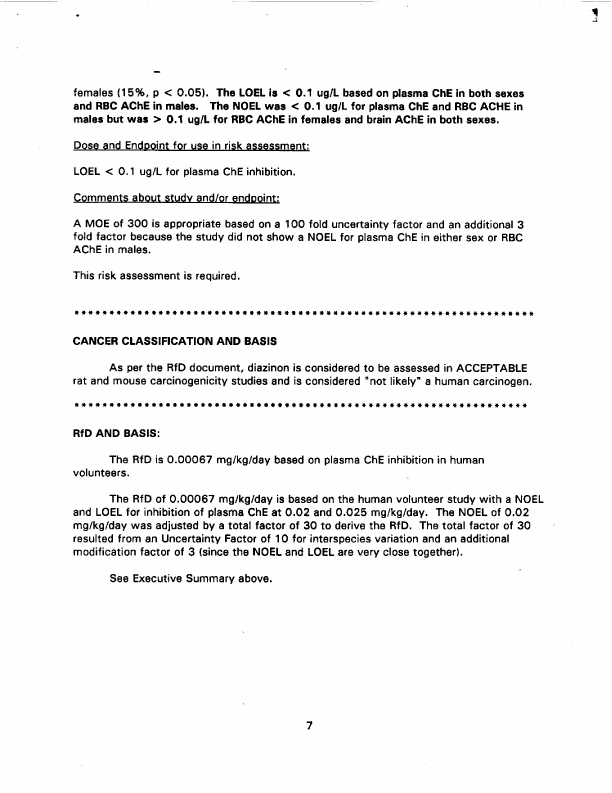US Environmental Protection Agency, Office of Pesticide Programs, Health Effects Division, Toxicology Endpoint Selection Document for Diazinon, doc. no. 013157), June 4, 1997, p. 4.