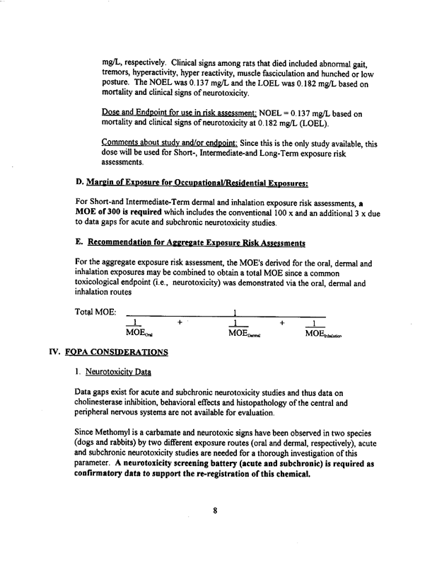 Environmental Protection Agency, Methomyl-Report of the Hazard Identification Assessment Review Committee, HED document # 012515, March 3, 1998, p. 11.
