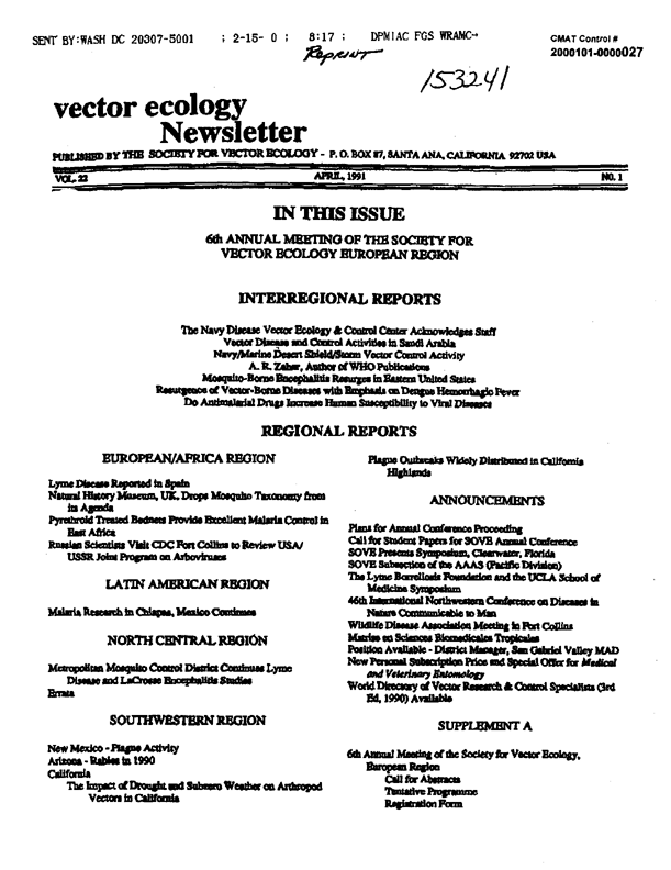 Society for Vector Ecology, �Navy/Marine Desert Shield/Storm Vector Control Activity,� Vector Ecology Newsletter, vol. 22, no. 1, April 1991, p. 3.