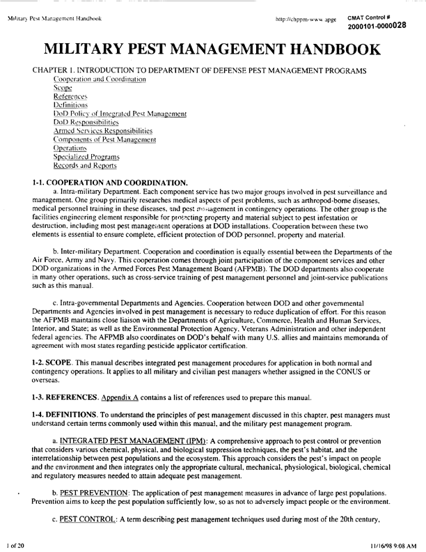   Armed Forces Pest Management Board, Military Pest Management Handbook, not dated, possibly 1992, p. 2.