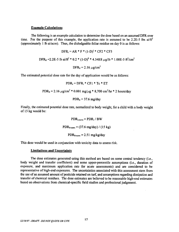   US Environmental Protection Agency, Office of Pesticide Programs, �Standard Operating Procedures (SOPs) for Residential Exposure Assessments-Draft,� December 19, 1997.