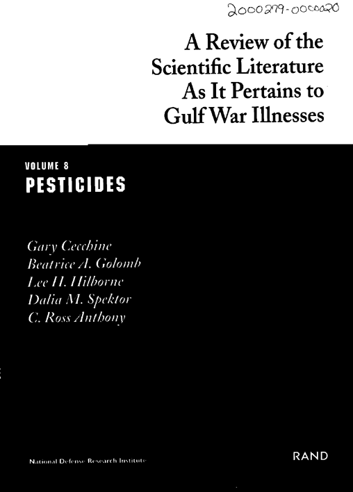 Cecchine, Gary, Beatrice A. Golomb, Lee H. Hilborne, Dalia M. Spektor, and C. Ross Anthony, A Review of the Scientific Literature as it Pertains to Gulf War Illnesses, Voume 8:Pesticides, Santa Monica, CA: RAND, 2000, p. 59, 69.
