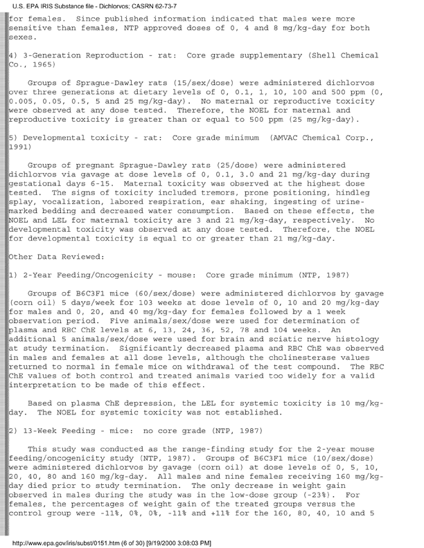 Environmental Protection Agency, Integrated Risk Information System (IRIS), �Dichlorvos,� [online]. Available from: http://www.epa.gov/iris/subst/0151.htm. [Updated September 24, 2002.], p. 13.