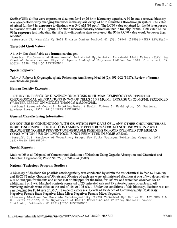 National Library of Medicine/National Institutes of Health (September 24, 2002), TOXNET Summary of Diazinon (CASRN 333�41�5), p. 4.
