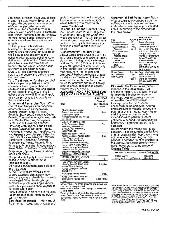 NOR-AM Chemical Company, Specimen Label for Ficam W Wettable Powder Insecticide (contains 76% bendiocarb),Wilmington, DE, (no date), p. 1.