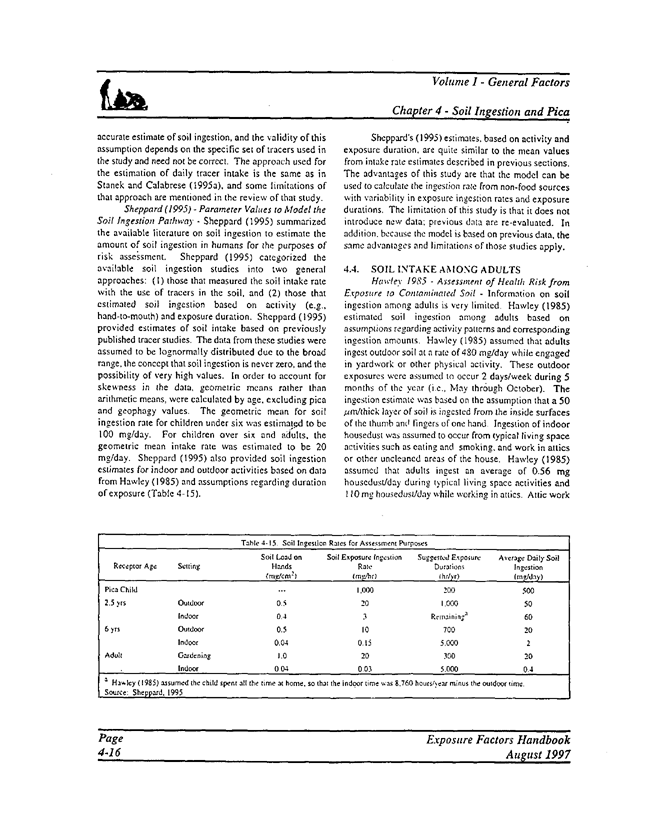 US Environmental Protection Agency, Office of Research and Development, Exposure Factors Handbook.  Volume I, General Factors, EPA/600/P-95/002a, August 1997, pp. 416-421.