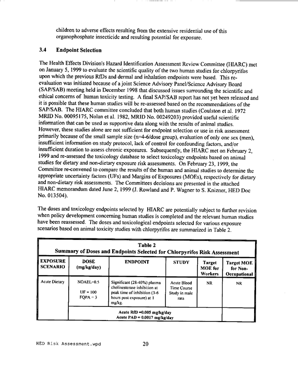 Memorandum from US Environmental Protection Agency, Office of Prevention, Pesticide and Toxic Substances, Subj: �Chlorpyrifos: HED Preliminary Risk Assessment for Registration Eligibility Decision (RED) Document, �Chemical #059101, Barcode D260163, Case