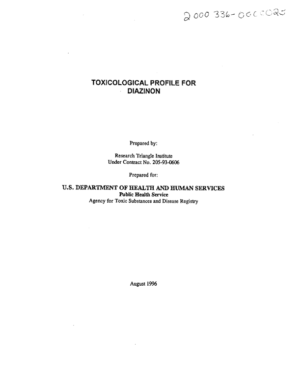 Agency for Toxic Substances and Disease Registry, Toxicological Profile for Diazinon-Upate, US DHHS, Public Health Service, Atlanta, GA., August 1996, p. 76.