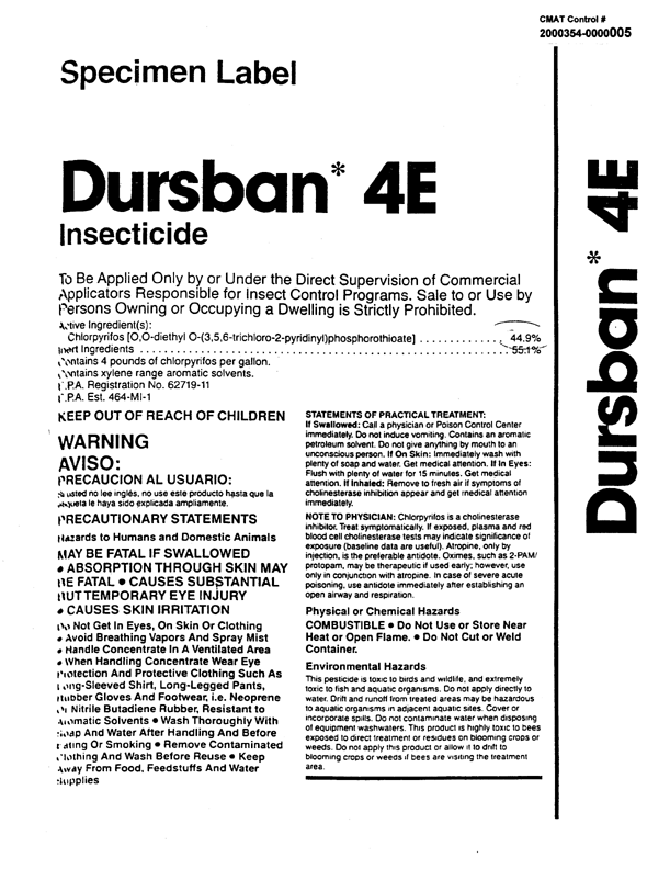   DowElanco, Specimen Label for Dursban 4E Insecticide (contains 44.9% chlorpyrifos), Indianapolis, IN, 2 pp.