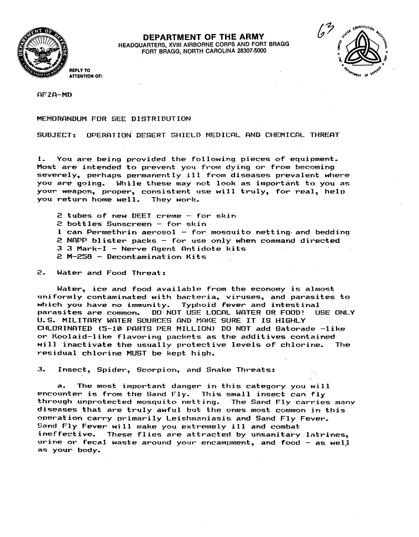 Memorandum from XVIII Airborne Corps, Surgeon, Subject: �Operation Desert Shield Medical and Chemical Threat,� 1990, p. 1-2.