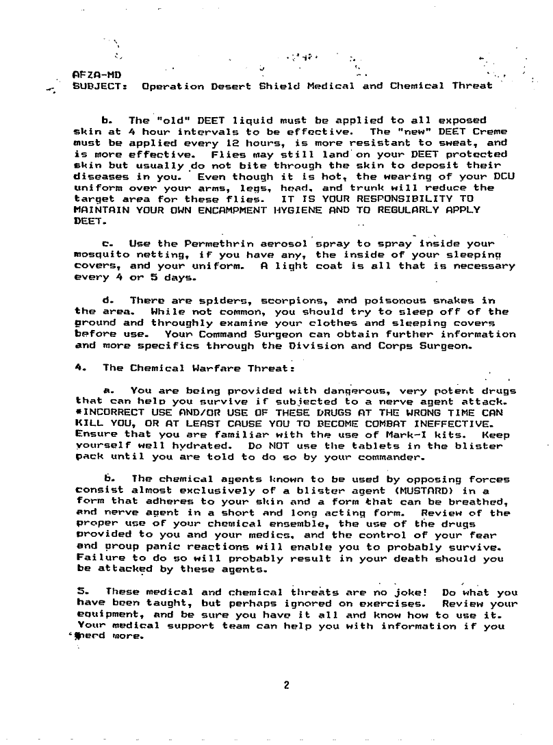 Memorandum from XVIII Airborne Corps, Surgeon, Subject: �Operation Desert Shield Medical and Chemical Threat,� 1990, p. 1-2.