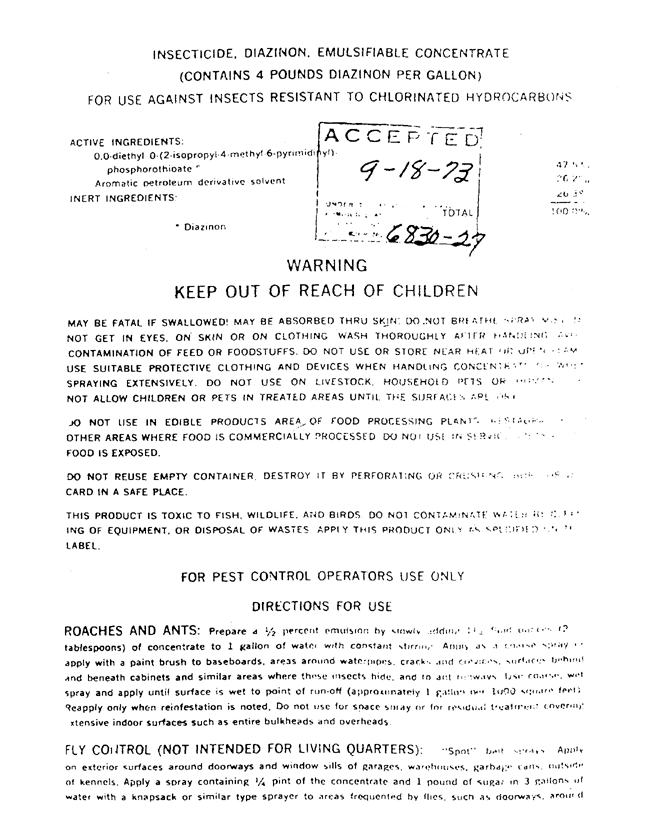   Octagon Process Inc.,  Product Label for Insecticide Diazinon Emulsifiable Concentrate (contains 47.4% diazinon), Edgewater, New Jersey, September 18, 1973, 2 pp.