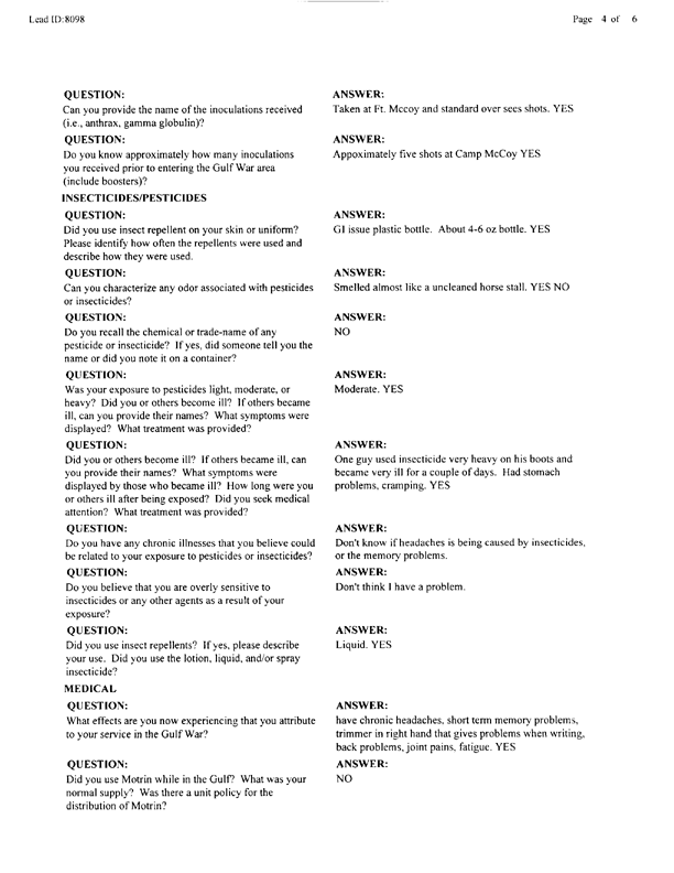   Lead Sheet #8098, Interview with 762nd Transportation Co. truck driver, October 6, 1997.