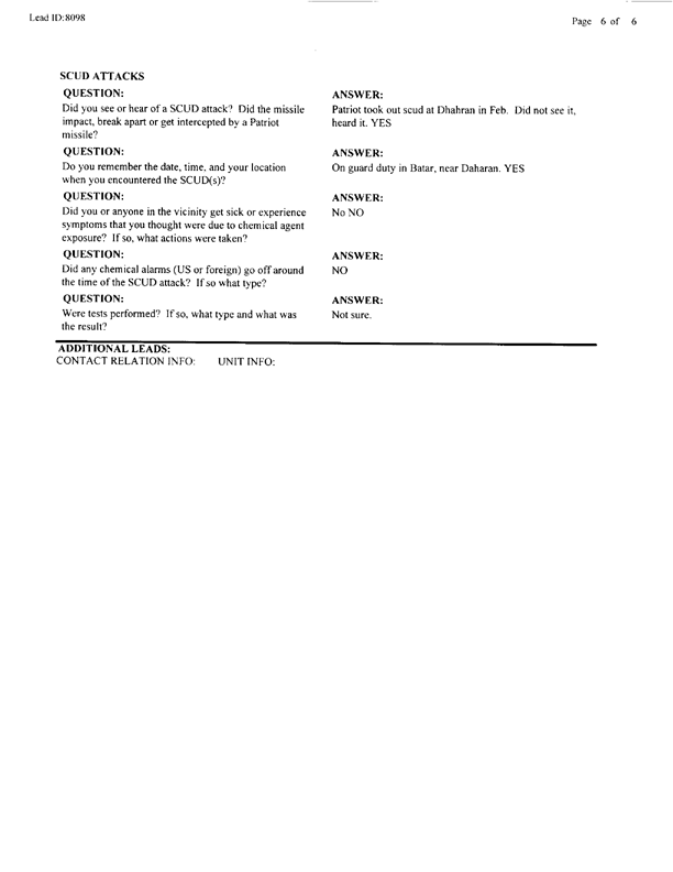   Lead Sheet #8098, Interview with 762nd Transportation Co. truck driver, October 6, 1997.