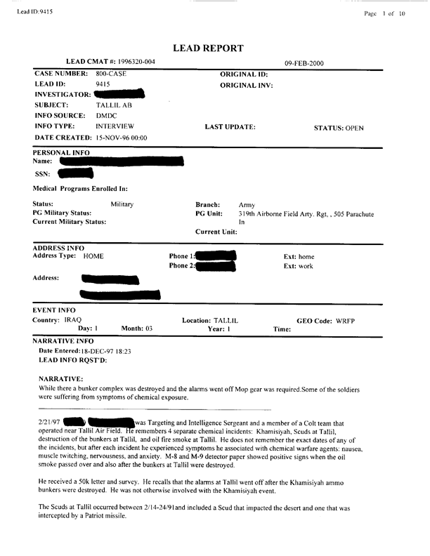   Lead Sheet #9415, Interview with 319th airborne Field Arty Regiment targeting/intell. specialist, May 20, 1997.