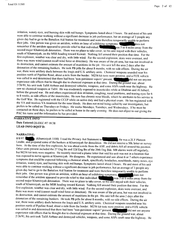   Lead Sheet #11395, Interview with 307th Engineer Battalion platoon leader, September 30, 1998.