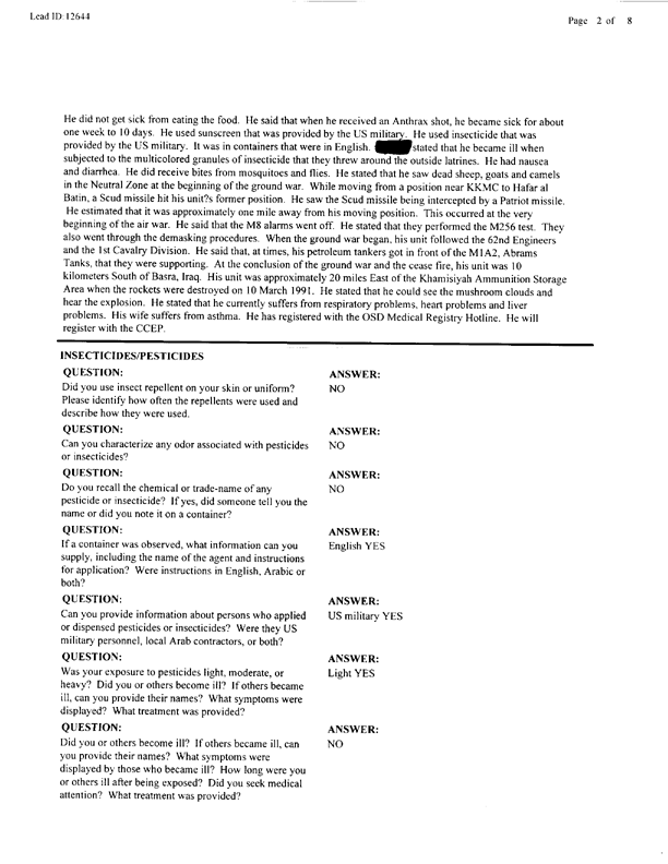   Lead Sheet #12644, Interview with 53rd Quartermaster Detachment mechanic supervisor, September 8, 1997.