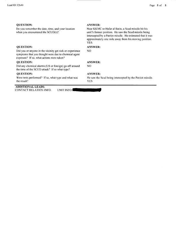   Lead Sheet #12644, Interview with 53rd Quartermaster Detachment mechanic supervisor, September 8, 1997.